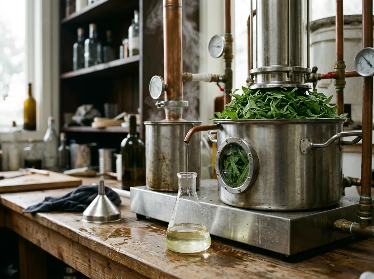 Fresh lemon verbena leaf packed into a small still